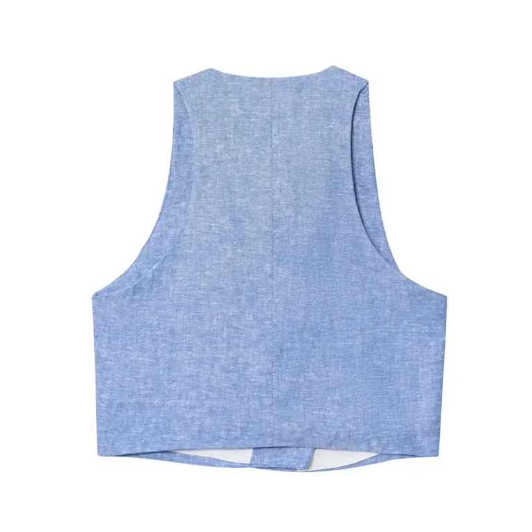 Zach Spring Summer women\'s Blue Linen Look double breasted round neck sleeveless vest with wide leg pants 3
