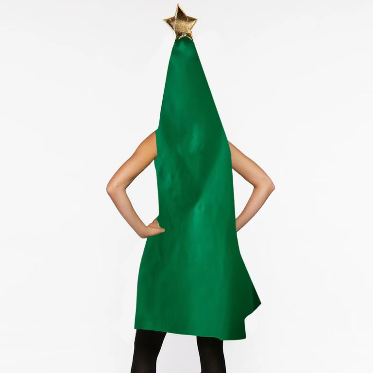Christmas Tree Costume Sleeveless Sequined Pullover Hooded Tops with Red Plush Ball Tinsel Adult Party Prop 4