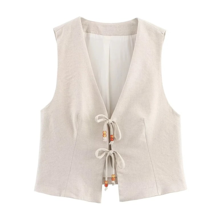 Zach womens fashion V-neck beaded lace up sleeveless vest Spring summer new high waisted casual versatile shorts 2