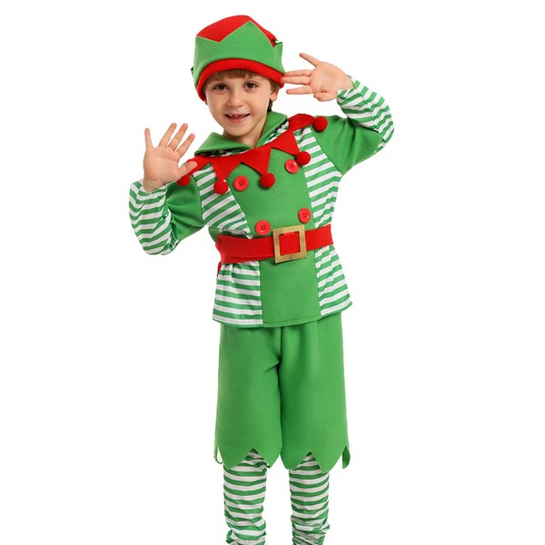 Long Sleeve Tops+ Solid Shorts +Striped Leg Warmers +Belt +Hat Christmas Halloween Party Kid Elf Costumes Set 3