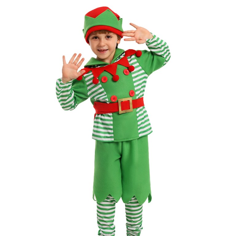 long sleeve tops+ solid shorts +striped leg warmers +belt +hat christmas halloween party kid elf costumes set Long Sleeve Tops+ Solid Shorts +Striped Leg Warmers +Belt +Hat Christmas Halloween Party Kid Elf Costumes Set 3
