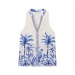 Zach Spring Summer Crop Shirt Tank And Skirt Set Blue Palm Tree Tropical Style Printed Midi Skirt 2