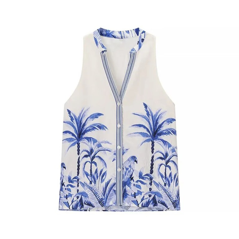 Zach Spring Summer Crop Shirt Tank And Skirt Set Blue Palm Tree Tropical Style Printed Midi Skirt 2