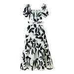 Zach women\'sBlack White Floral cut out waist printed dress summer new patchwork ruffle edge long skirt