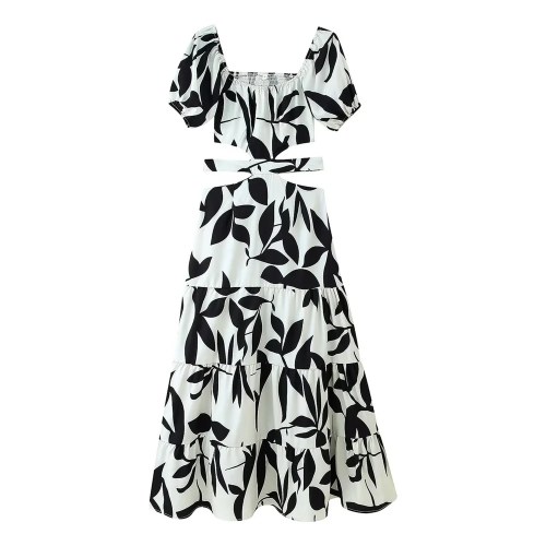 Zach women\'sBlack White Floral cut out waist printed dress summer new patchwork ruffle edge long skirt