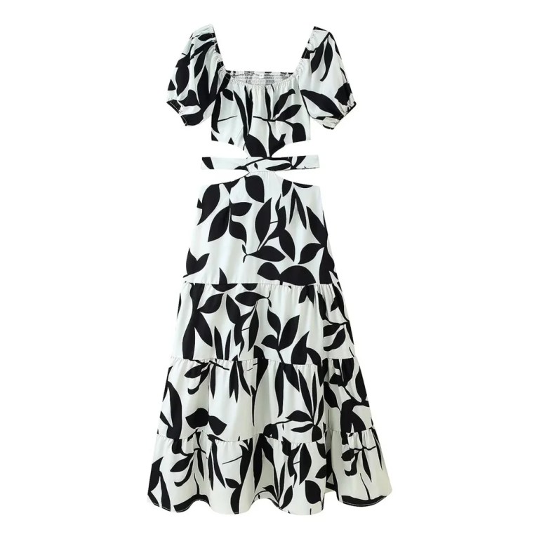 Zach women\'sBlack White Floral cut out waist printed dress summer new patchwork ruffle edge long skirt