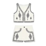 Zach Women\'s Summer New Collection: Contrast Embroidered Aztec V-neck Sleeveless Single breasted Vest Top, Casual Shorts