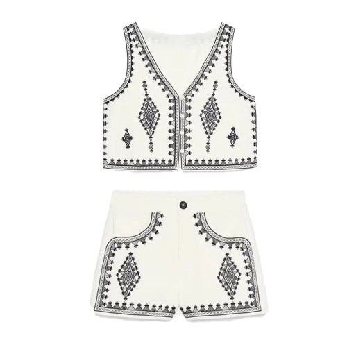 Zach Women\'s Summer New Collection: Contrast Embroidered Aztec V-neck Sleeveless Single breasted Vest Top, Casual Shorts