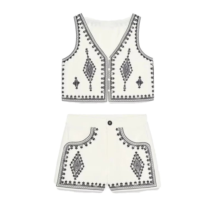 zach women's summer new collection: contrast embroidered aztec v neck sleeveless single breasted vest top, casual shorts Zach Women\'s Summer New Collection: Contrast Embroidered Aztec V-neck Sleeveless Single breasted Vest Top, Casual Shorts