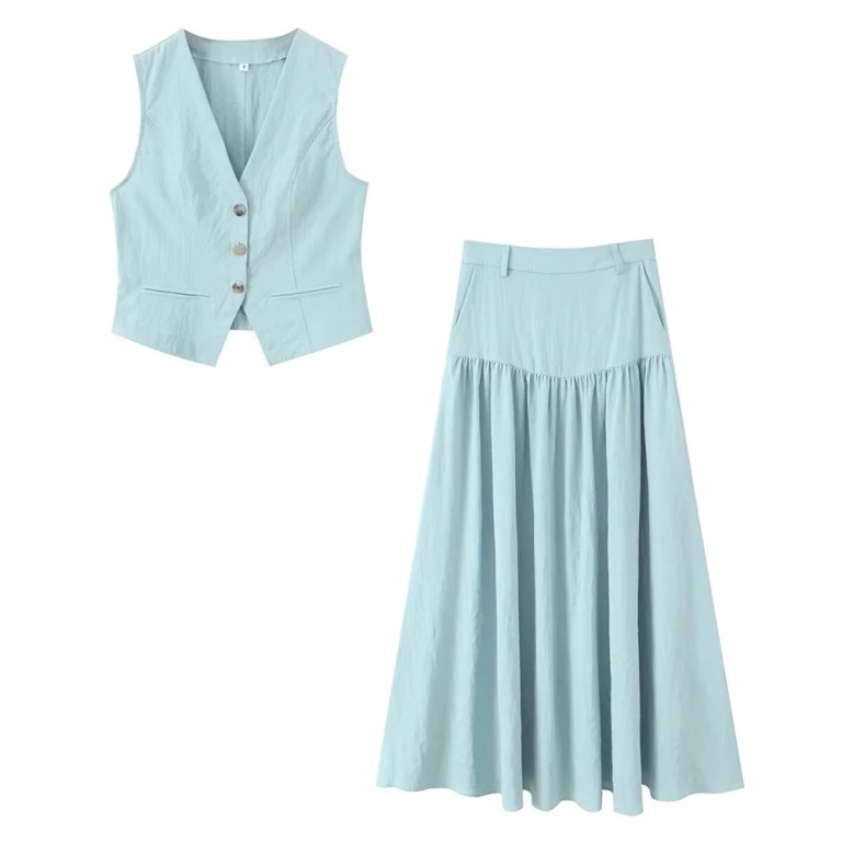 Zach Womens Spring Summer simple V-neck single breasted vest, summer new high waist in Light Blue