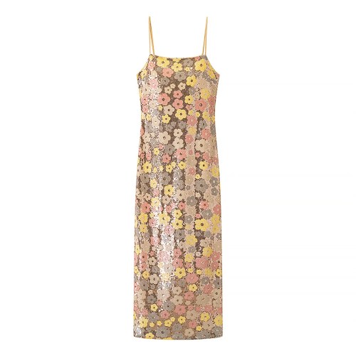 Zach Spring Summer Champagne Sequin Floral Slip Spaghetti Dress Midi