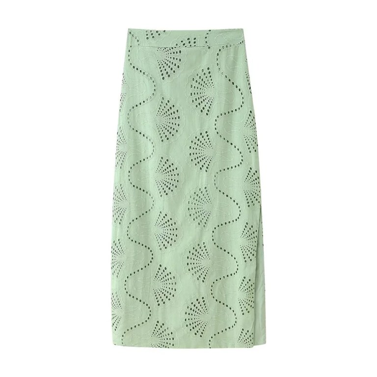 Zach Spring Summer round neck green sleeveless embroidered Crop slim fit split skirt 4