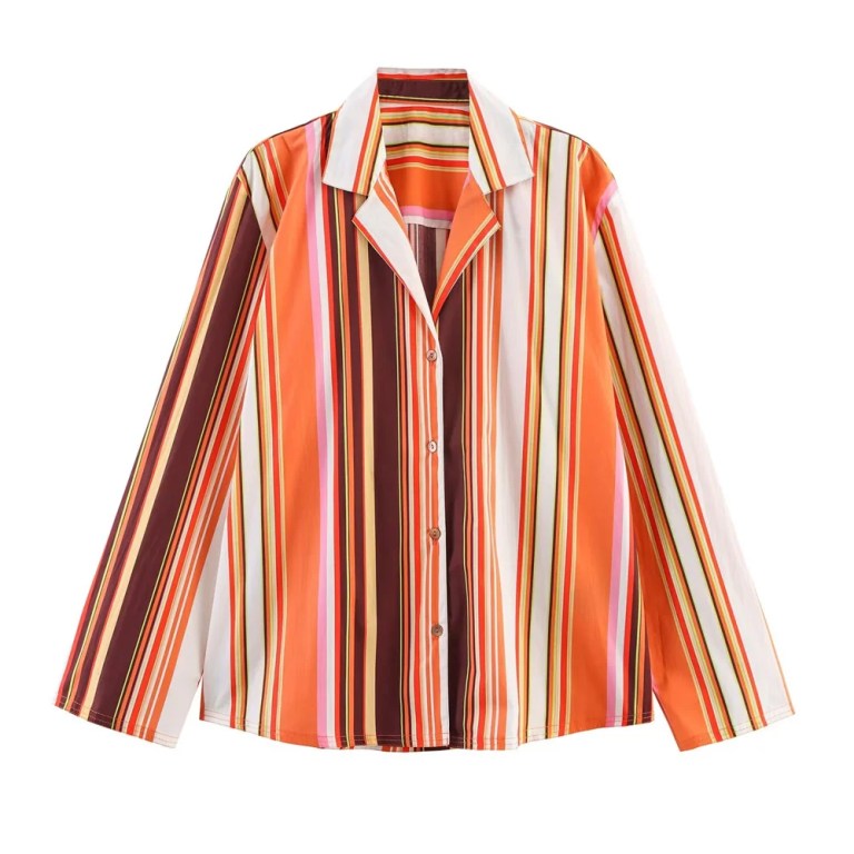 Zach women\'s loose striped orange retro Shirt and Pant Loungewear set 2