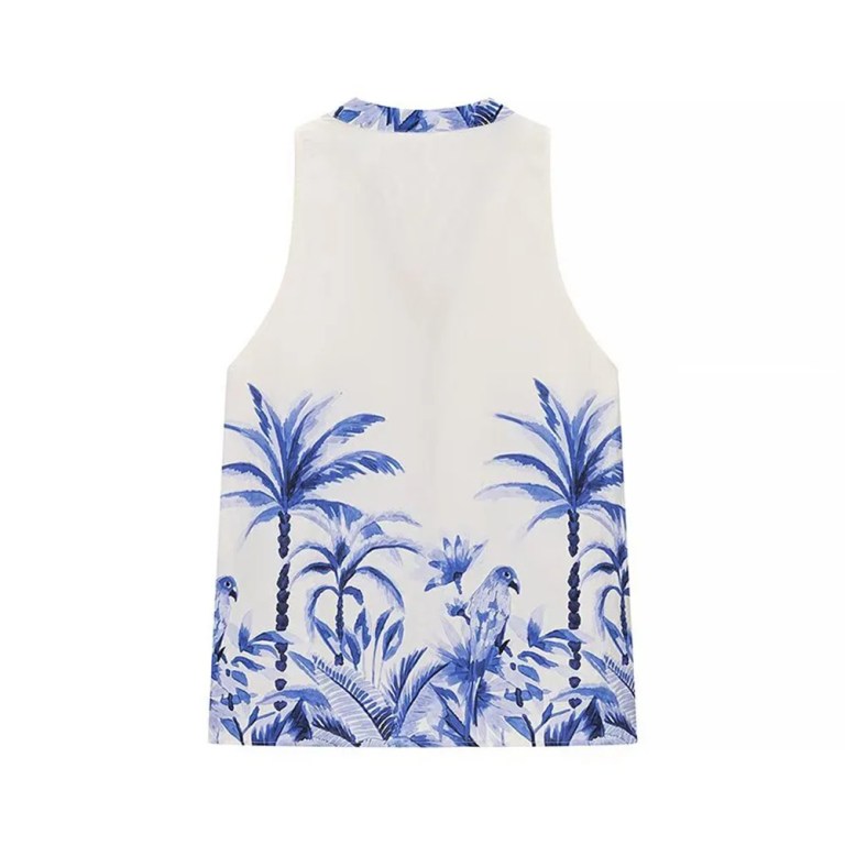 Zach Spring Summer Crop Shirt Tank And Skirt Set Blue Palm Tree Tropical Style Printed Midi Skirt 3