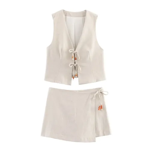 Zach womens fashion V-neck beaded lace up sleeveless vest Spring summer new high waisted casual versatile shorts