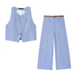 Zach Spring Summer women\'s Blue Linen Look double breasted round neck sleeveless vest with wide leg pants