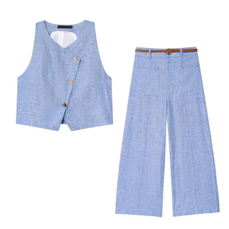 Zach Spring Summer women\'s Blue Linen Look double breasted round neck sleeveless vest with wide leg pants