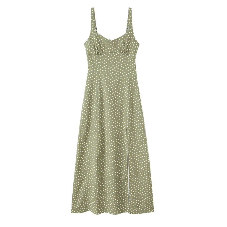 Zach women\'s slim fit polka dot suspender with slit cut sleeveless long Midi dress 4