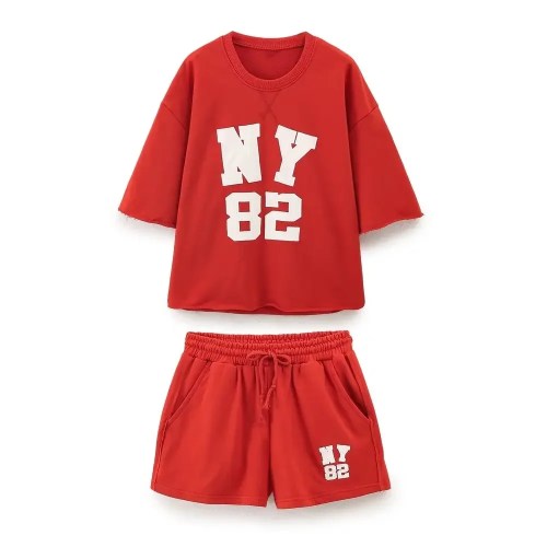 Preppy NY 82 Crop Red Tee and Short Shorts Set Spring Summer