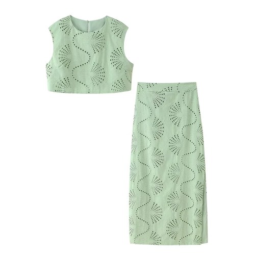 Zach Spring Summer round neck green sleeveless embroidered Crop slim fit split skirt