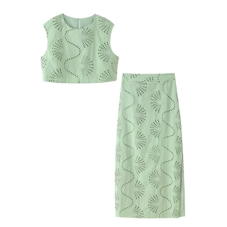 Zach Spring Summer round neck green sleeveless embroidered Crop slim fit split skirt