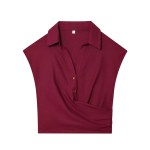 Zach Burgandy pleated double breasted sleeveless V-neck top, new casual straight shorts Set 2