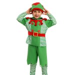 long sleeve tops+ solid shorts +striped leg warmers +belt +hat christmas halloween party kid elf costumes set Long Sleeve Tops+ Solid Shorts +Striped Leg Warmers +Belt +Hat Christmas Halloween Party Kid Elf Costumes Set