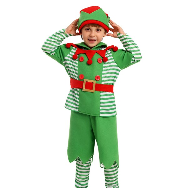 Long Sleeve Tops+ Solid Shorts +Striped Leg Warmers +Belt +Hat Christmas Halloween Party Kid Elf Costumes Set