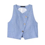 Zach Spring Summer women\'s Blue Linen Look double breasted round neck sleeveless vest with wide leg pants 2