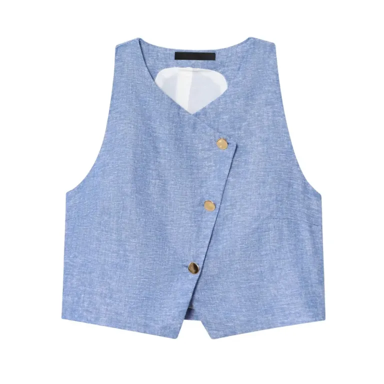 Zach Spring Summer women\'s Blue Linen Look double breasted round neck sleeveless vest with wide leg pants 2