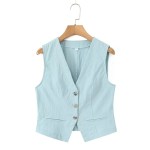 Zach Womens Spring Summer simple V-neck single breasted vest, summer new high waist in Light Blue 2