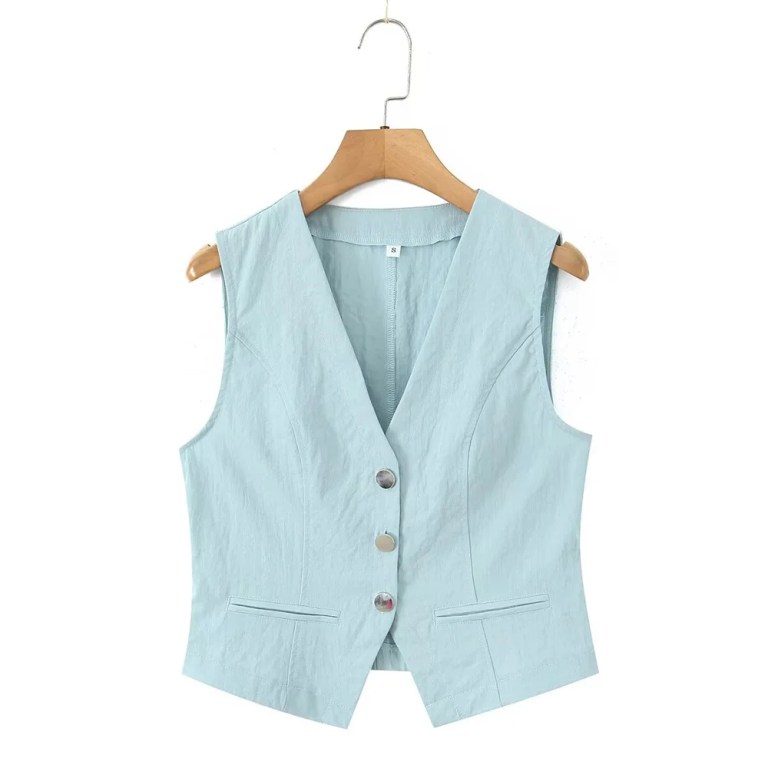 Zach Womens Spring Summer simple V-neck single breasted vest, summer new high waist in Light Blue 2