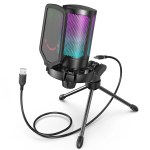 RGB microphone with pop filter and USB connection.
