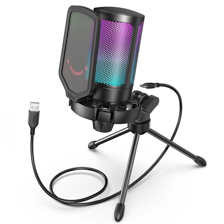 RGB microphone with pop filter and USB connection.