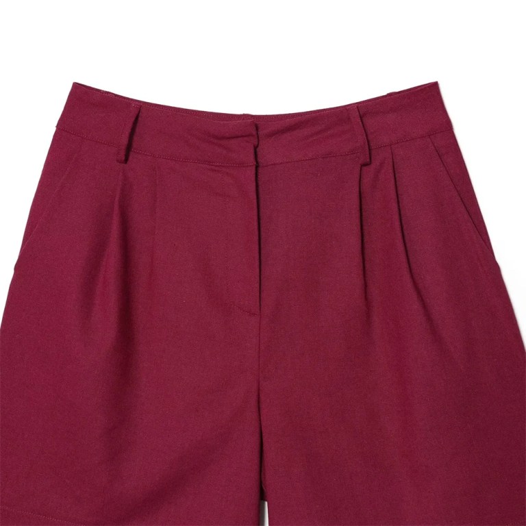 Zach Burgandy pleated double breasted sleeveless V-neck top, new casual straight shorts Set 6