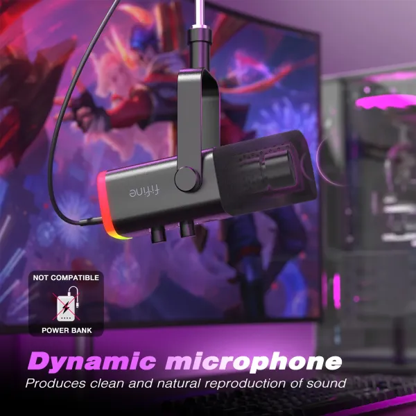 FIFINE USB/XLR Dynamic Microphone with Touch Mute Button,Headphone jack,I/O Controls,for PC PS5/4 mixer,Gaming MIC Ampligame AM8 3
