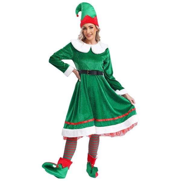 Womens Christmas Elf Costume Velvet Dress with Hat Elf Ears Shoes Belt Stockings Festival New Year Party Fancy Dress Up 4