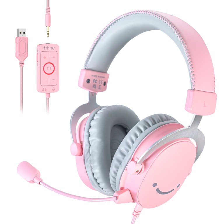 Pink gaming headset with smiley face design