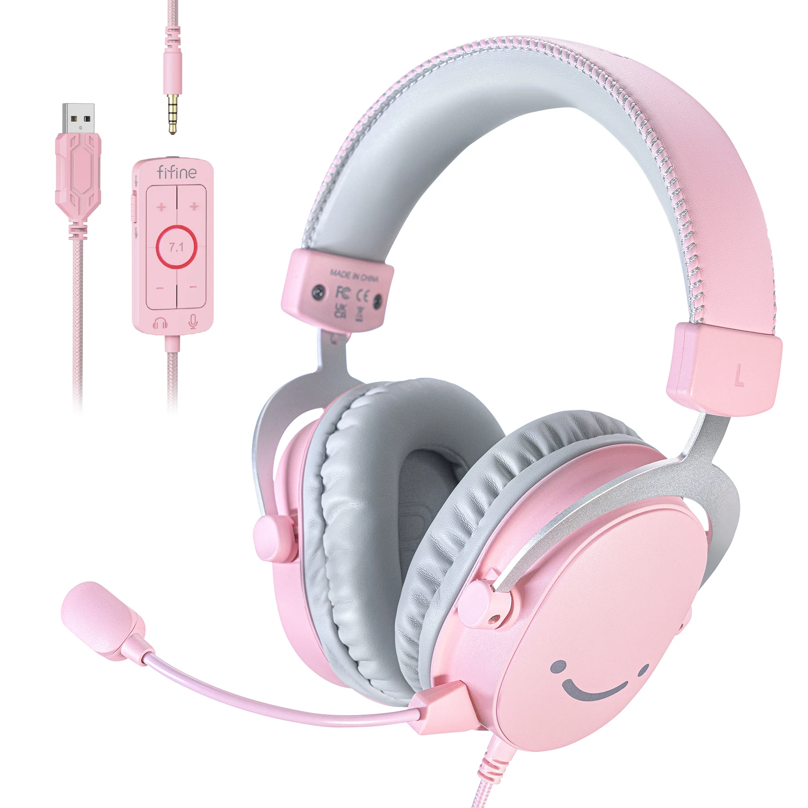 Pink gaming headset with smiley face design