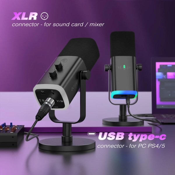 FIFINE USB/XLR Dynamic Microphone with Touch Mute Button,Headphone jack,I/O Controls,for PC PS5/4 mixer,Gaming MIC Ampligame AM8 2