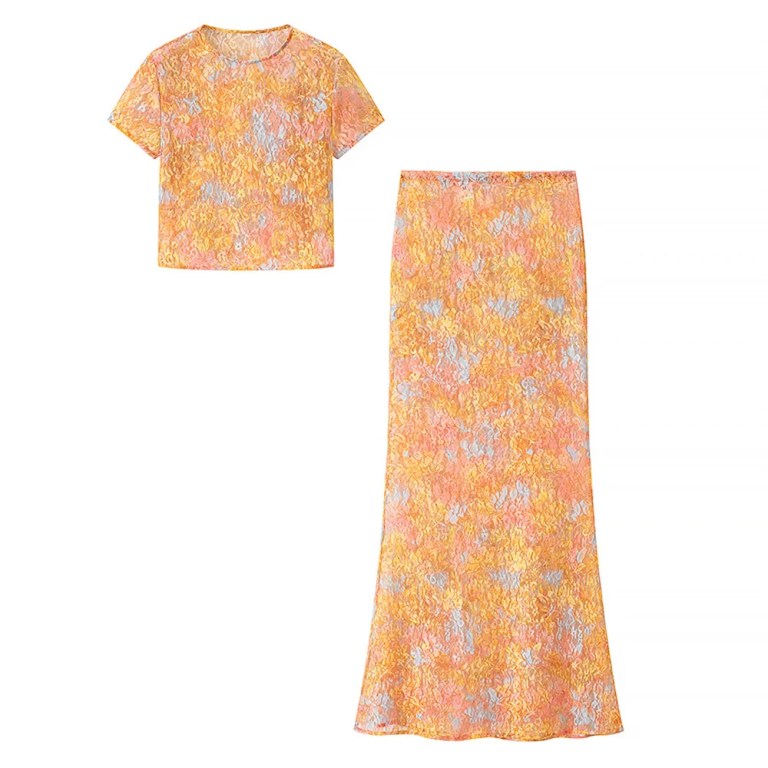 women\'s Spring Summer round neck printed crop top half skirt set