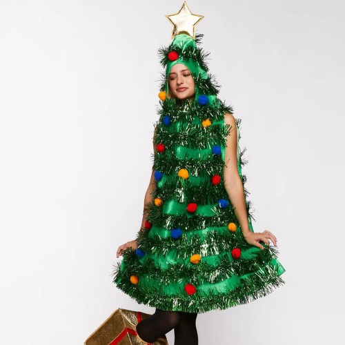 christmas tree costume sleeveless sequined pullover hooded tops with red plush ball tinsel adult party prop Christmas Tree Costume Sleeveless Sequined Pullover Hooded Tops with Red Plush Ball Tinsel Adult Party Prop