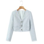zach women's light blue textured woolen v neck long sleeved single breasted suit jacket new high waisted mini skirt set Zach women\'s Light blue textured woolen V-neck long sleeved single breasted suit jacket new high waisted mini skirt Set 2