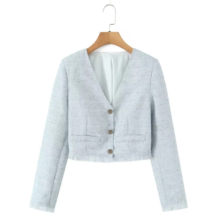 zach women's light blue textured woolen v neck long sleeved single breasted suit jacket new high waisted mini skirt set Zach women\'s Light blue textured woolen V-neck long sleeved single breasted suit jacket new high waisted mini skirt Set 2