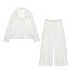 zach spring summer white women'slong sleeved pilot jacket, new casual high waisted straight leg pants set Zach Spring Summer White women\'slong sleeved pilot jacket, new casual high waisted straight leg pants Set