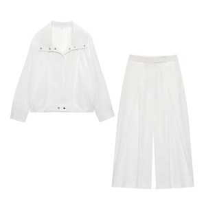 Zach Spring Summer White women\'slong sleeved pilot jacket, new casual high waisted straight leg pants Set