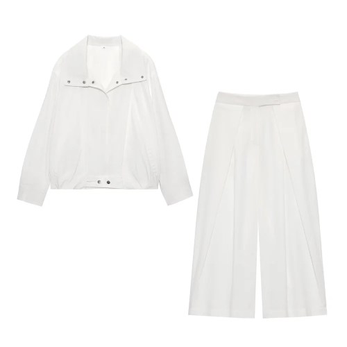 Zach Spring Summer White women\'slong sleeved pilot jacket, new casual high waisted straight leg pants Set