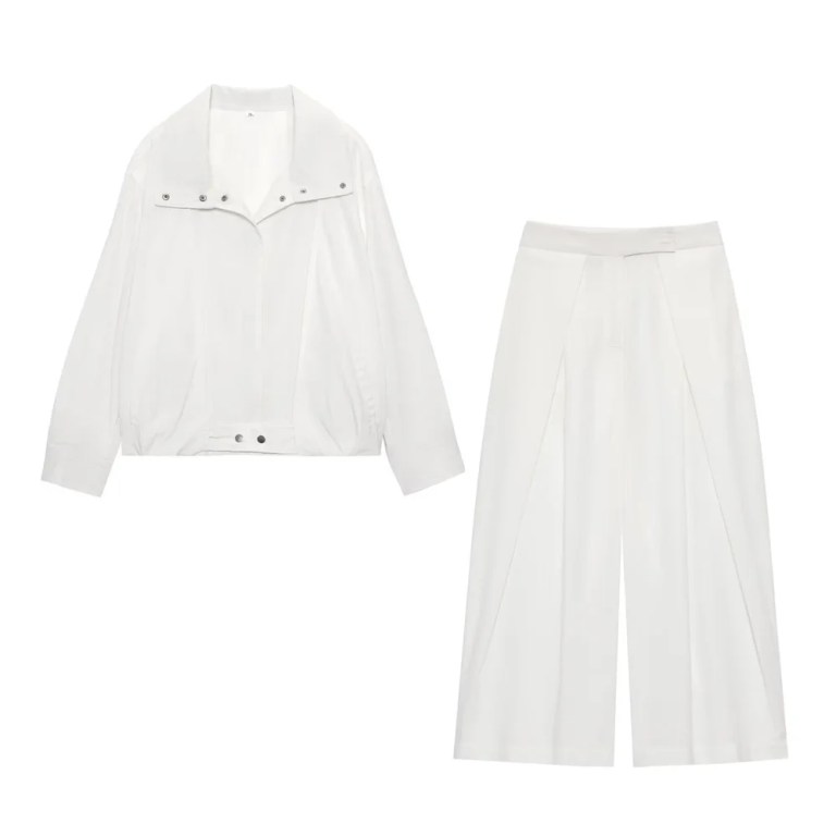 zach spring summer white women'slong sleeved pilot jacket, new casual high waisted straight leg pants set Zach Spring Summer White women\'slong sleeved pilot jacket, new casual high waisted straight leg pants Set