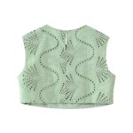 Zach Spring Summer round neck green sleeveless embroidered Crop slim fit split skirt 3