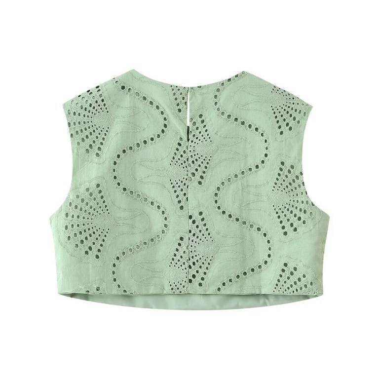 Zach Spring Summer round neck green sleeveless embroidered Crop slim fit split skirt 3